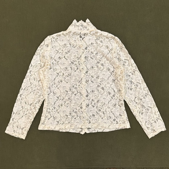 White Lace Mock Neck Button Up Blouse - Picture 9 of 15